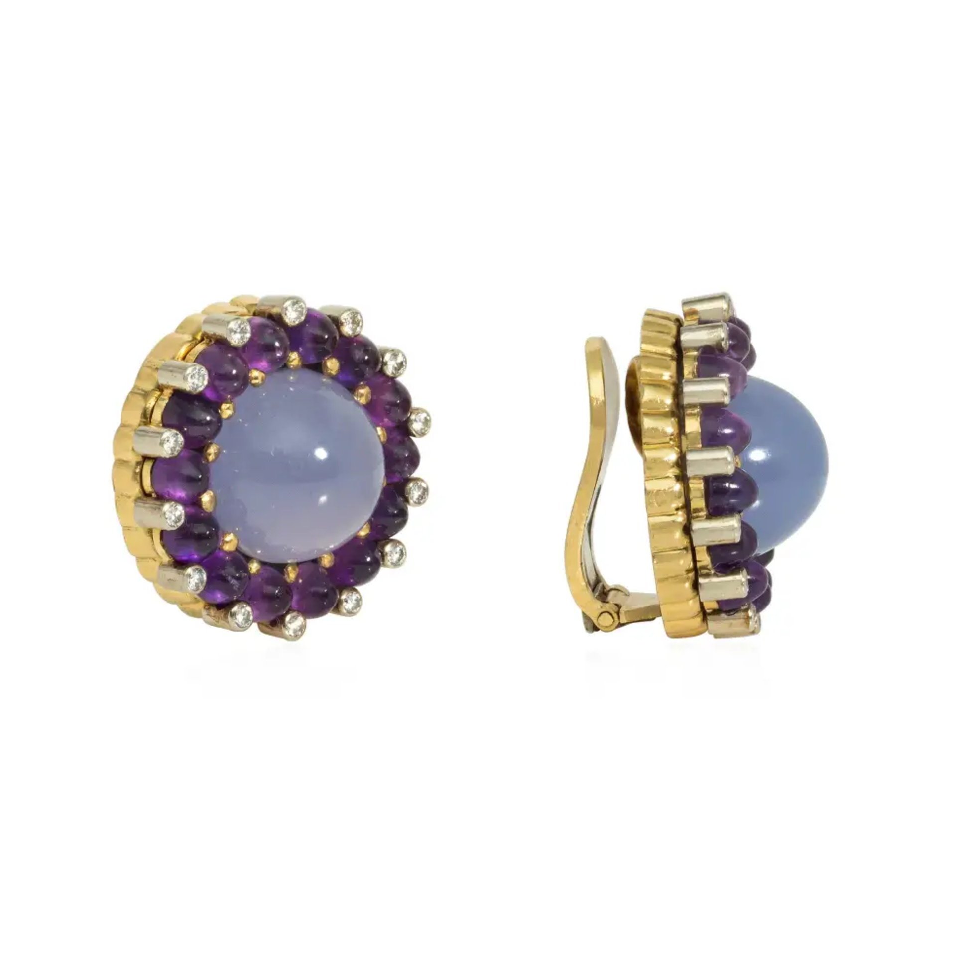 Gottfried Piskatschek Austria 1960s Platinum & 18KT Yellow Gold Chalcedony & Diamond Earrings side