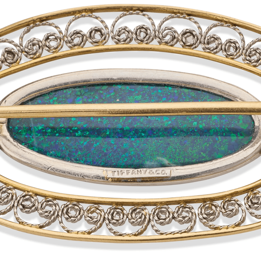 Tiffany & Co. Edwardian Platinum & 18KT Yellow Gold Opal & Sapphire Brooch signature