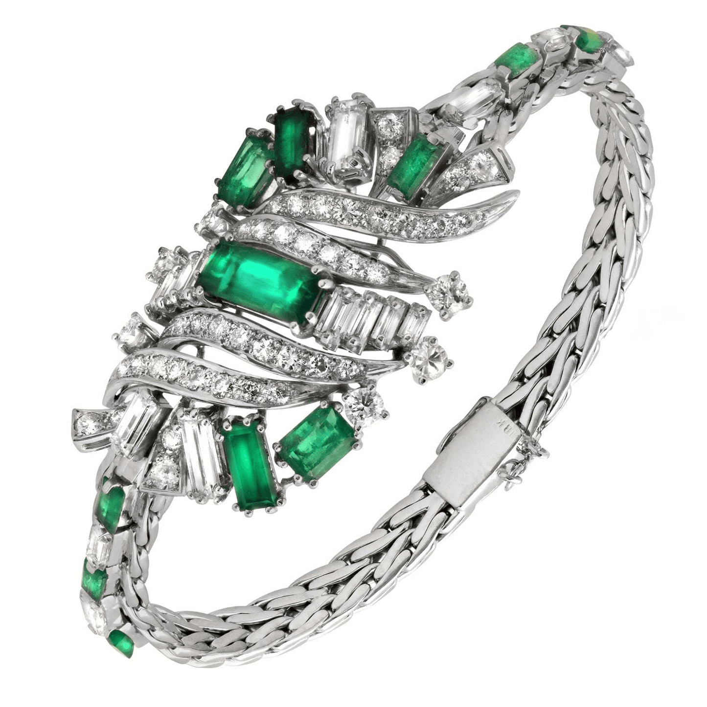Post-1980s 18KT White Gold Emerald & Diamond Bracelet front