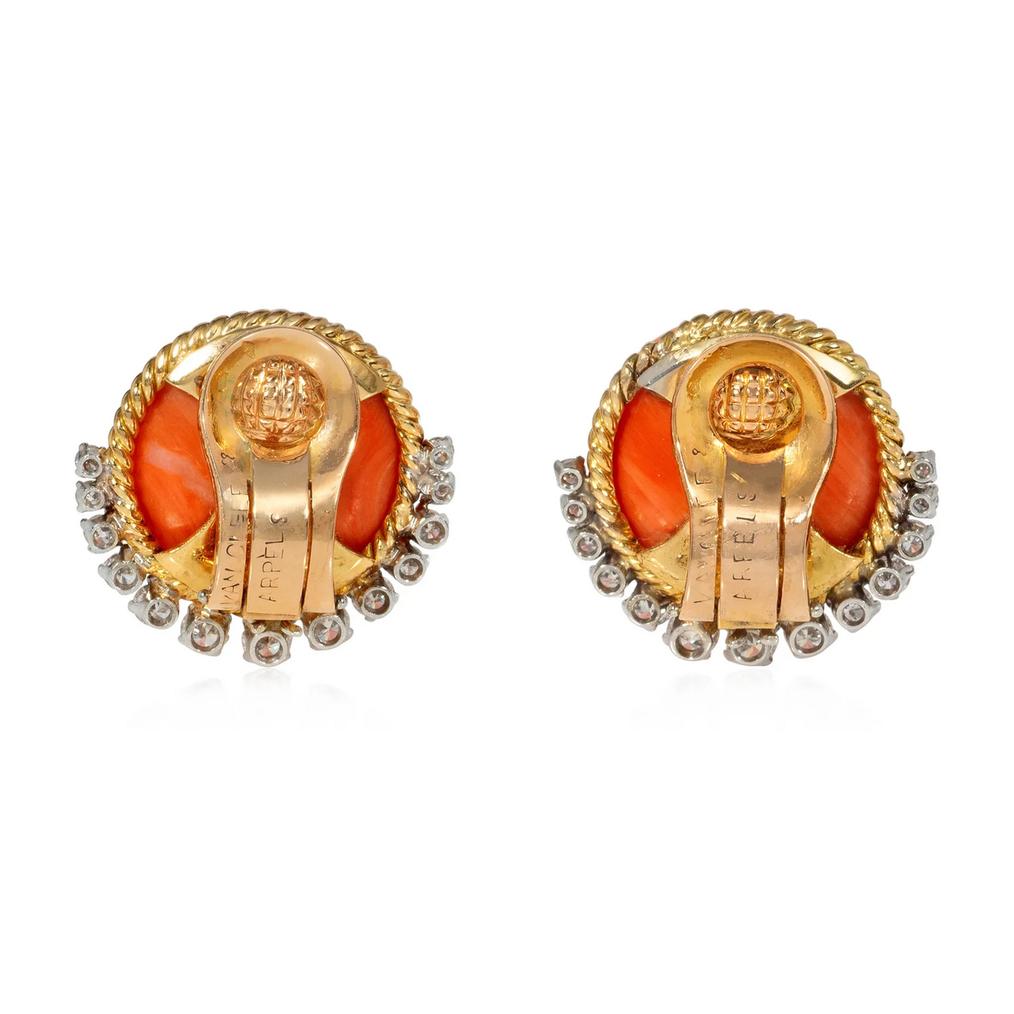 Van Cleef & Arpels France 1950s 18KT Yellow Gold Coral & Diamond Earrings back