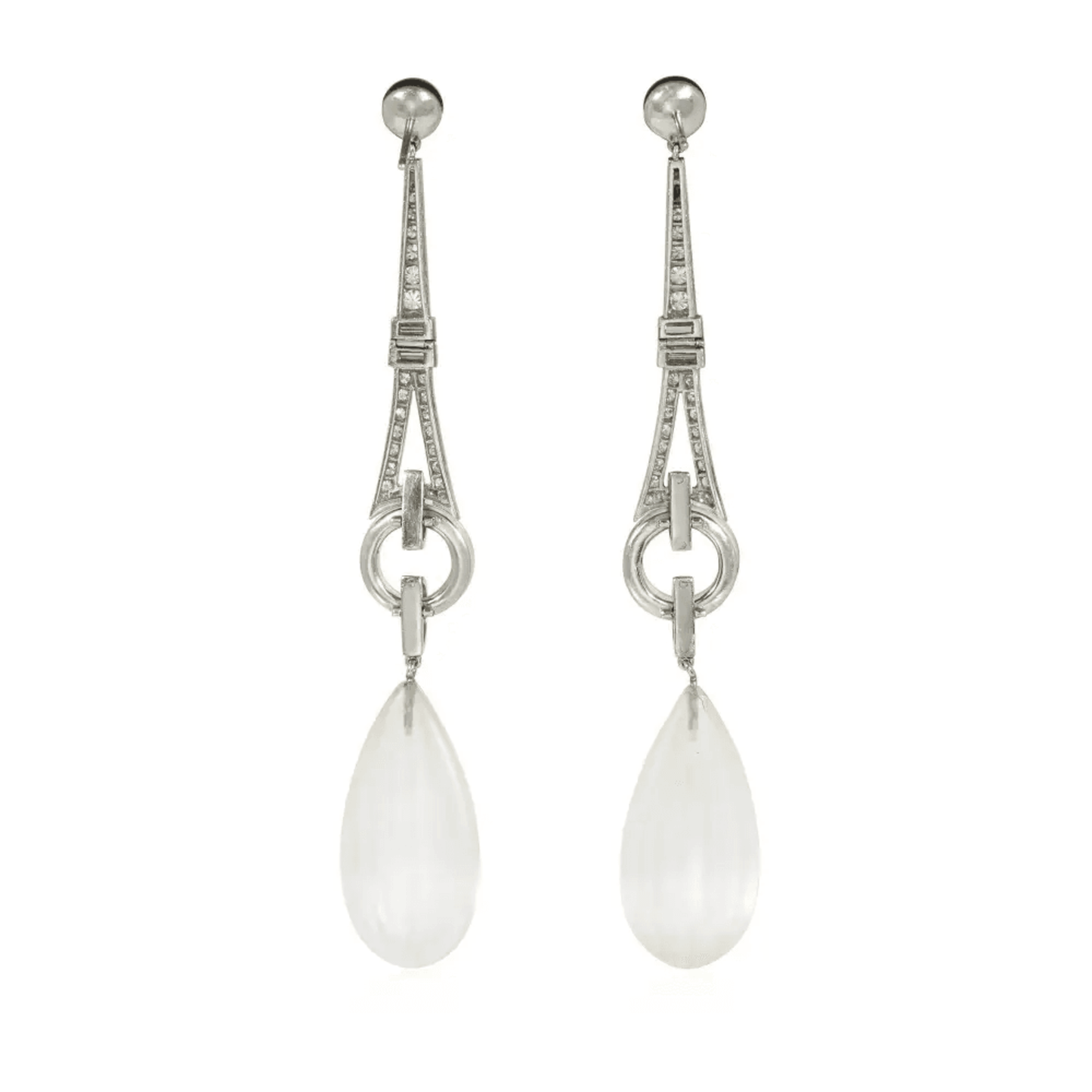 Art Deco Platinum Rock Crystal, Diamond & Onyx Earrings back