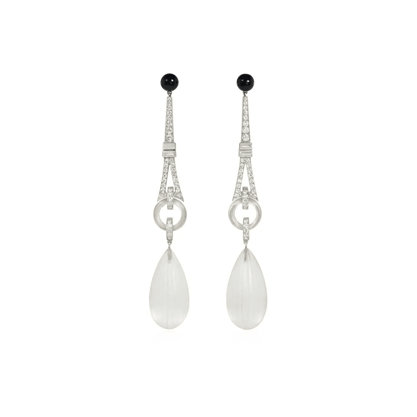 Art Deco Platinum Rock Crystal, Diamond & Onyx Earrings front