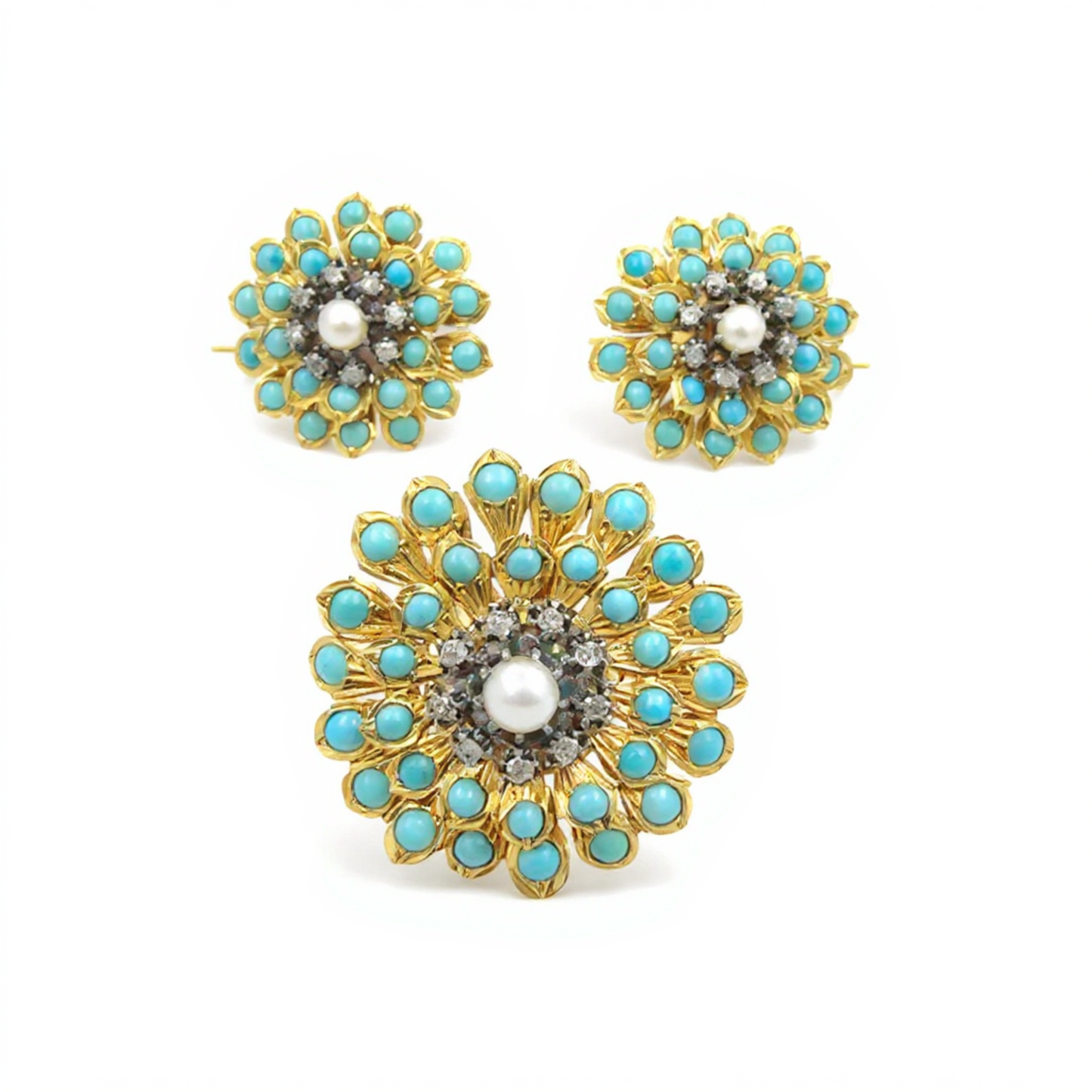 French Antique 18KT Yellow Gold Turquoise, Diamond, & Natural Pearl Set front
