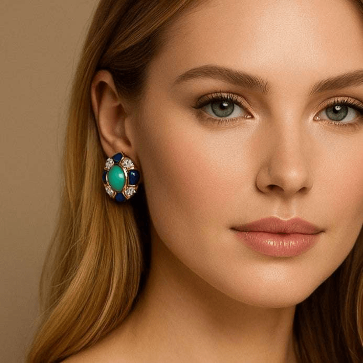 David Webb 1980s 18KT Yellow Gold Turquoise, Diamond & Lapis Lazuli Earrings on ear