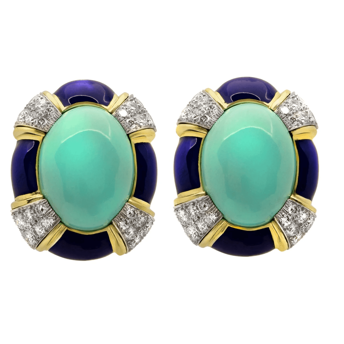 David Webb 1980s 18KT Yellow Gold Turquoise, Diamond & Lapis Lazuli Earrings front