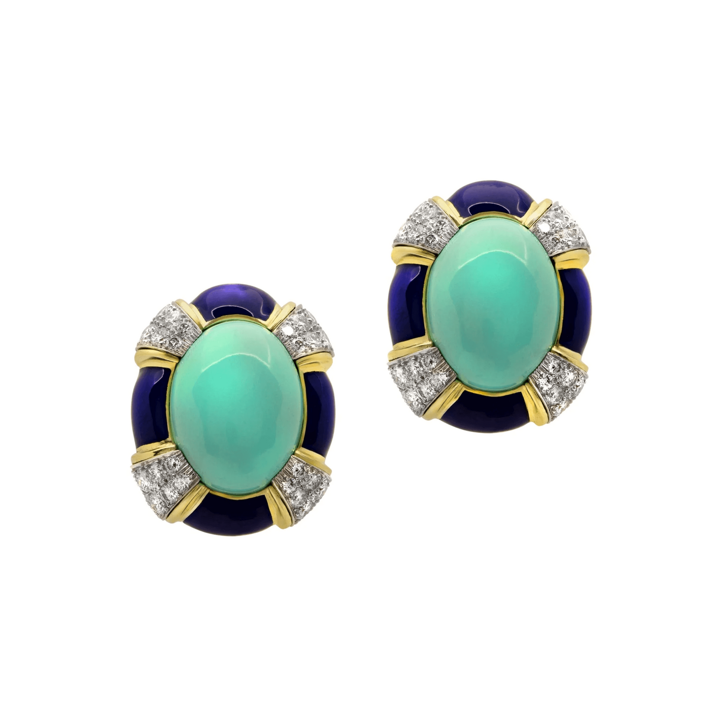 David Webb 1980s 18KT Yellow Gold Turquoise, Diamond & Lapis Lazuli Earrings front