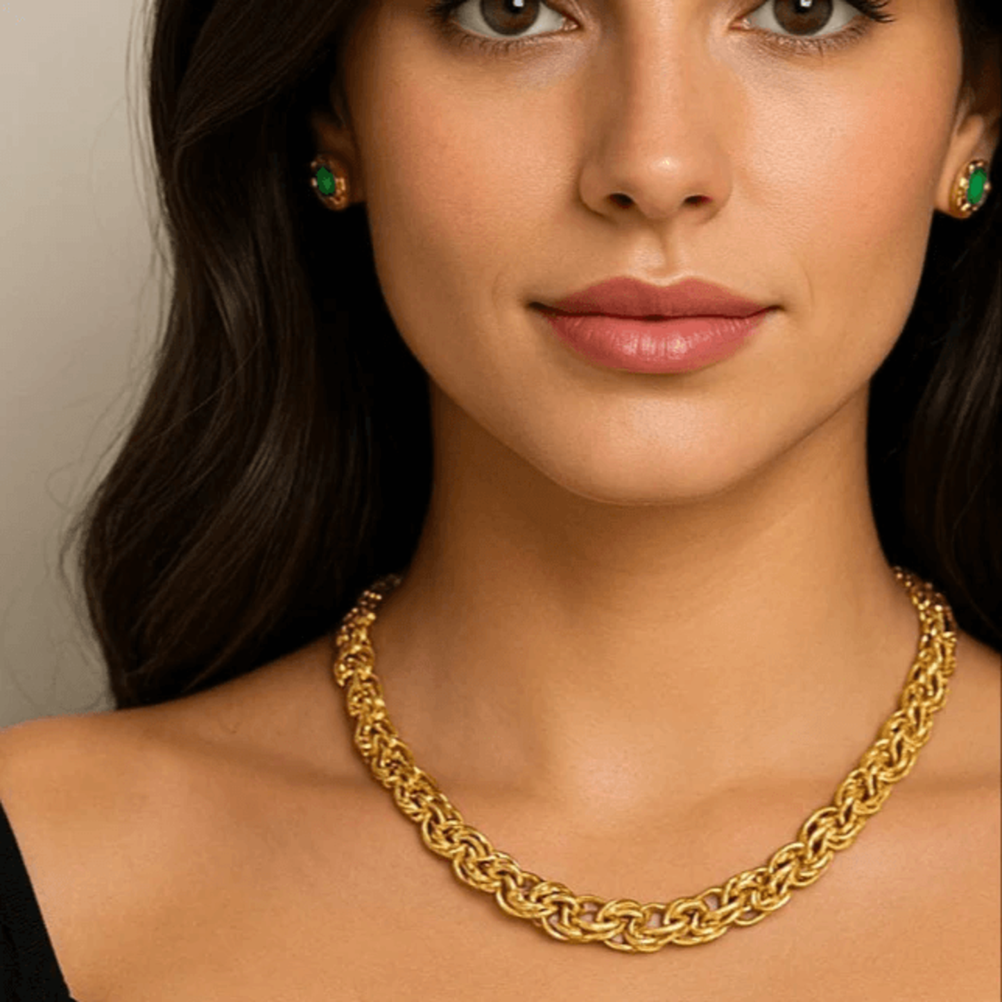 Post-1980s 18KT Yellow Gold Byzantine Necklace on neck