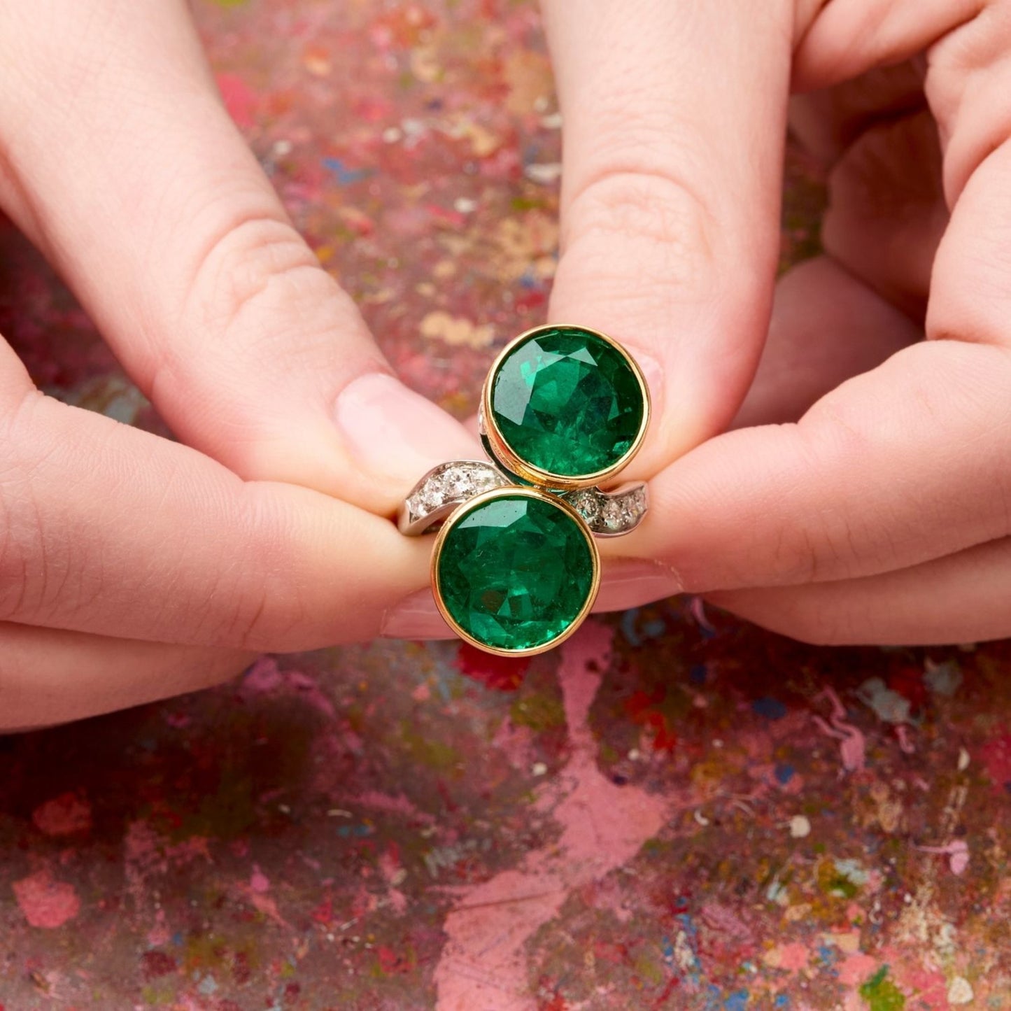 Bulgari 1980s 18KT White & Yellow Gold Emerald & Diamond Ring front