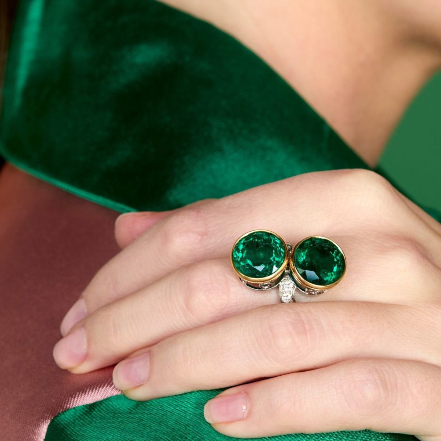 Bulgari 1980s 18KT White & Yellow Gold Emerald & Diamond Ring on finger