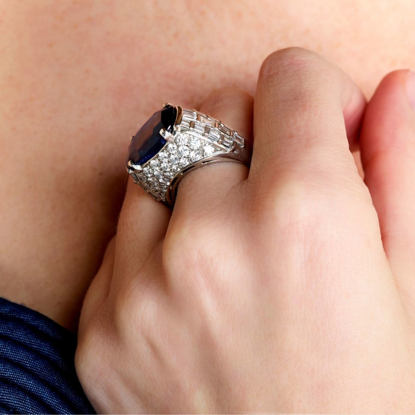 Bulgari Post-1980s 18KT White Gold Sapphire & Diamond Ring on finger