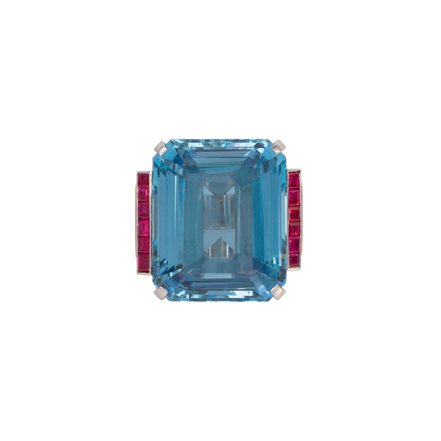 1940s 18KT Yellow Gold Aquamarine & Ruby Ring front
