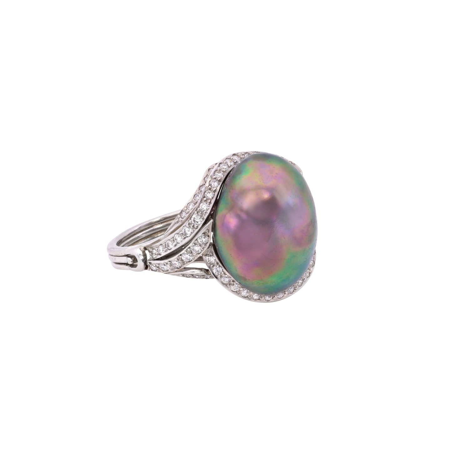 1980s Platinum Natural Pearl & Diamond Ring side