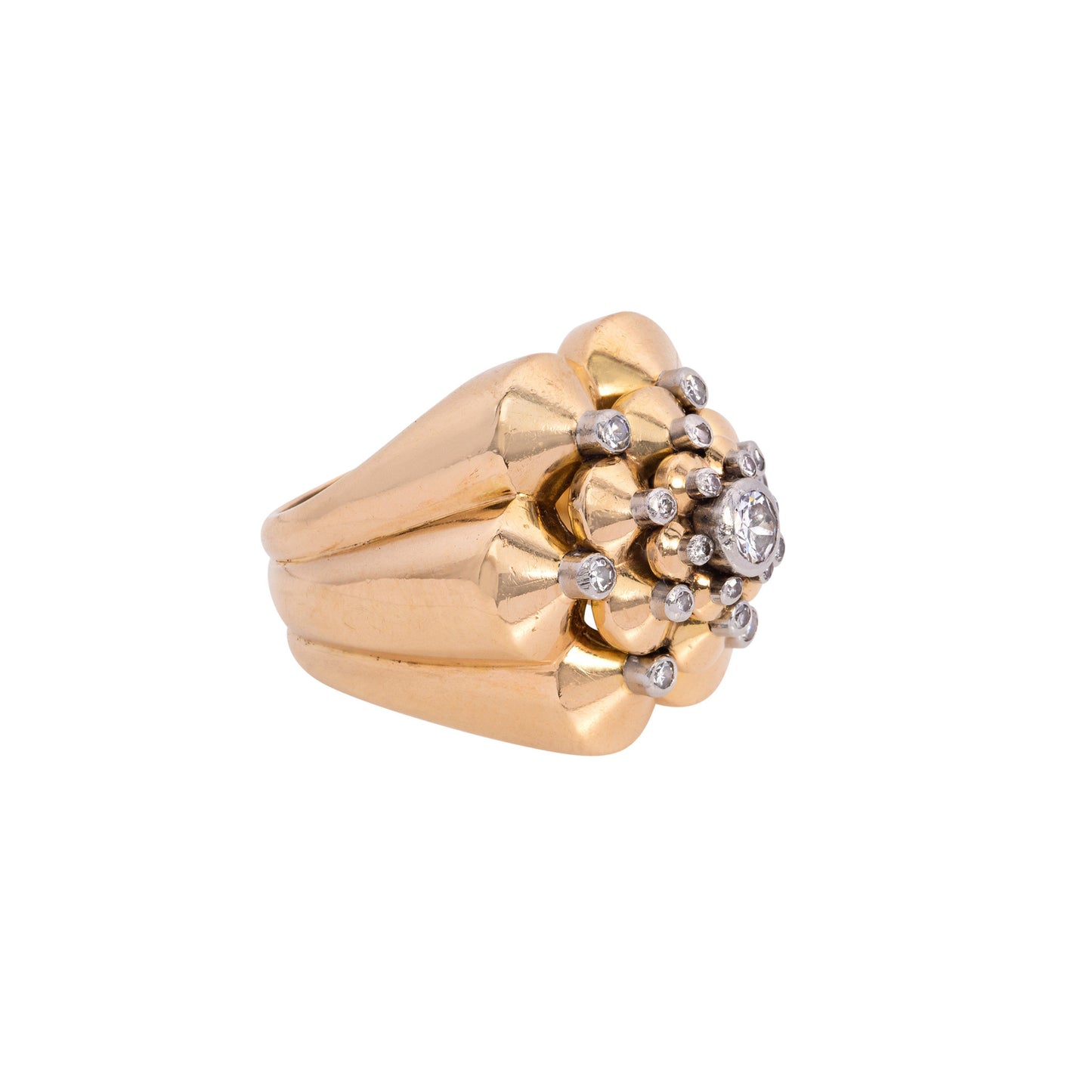 French 1940s 18KT Yellow Gold Diamond Ring on finger front side