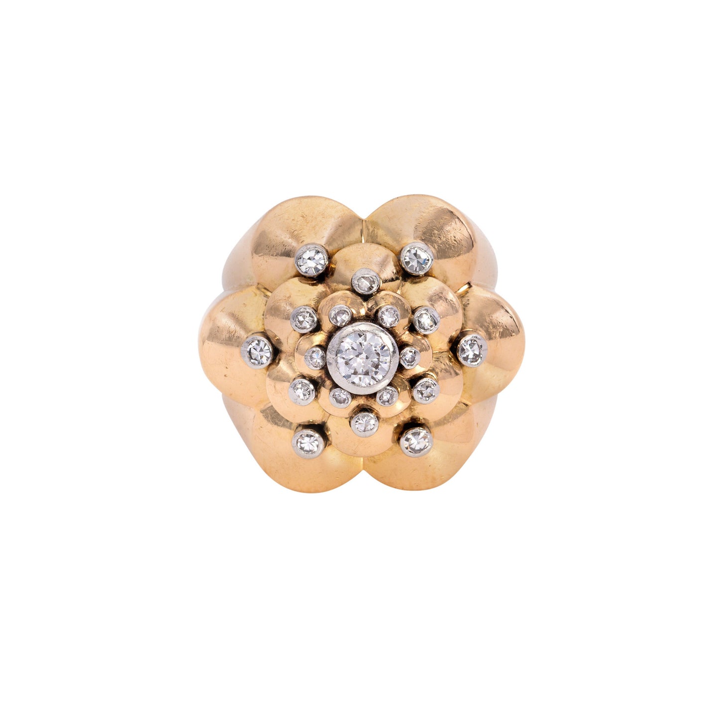 French 1940s 18KT Yellow Gold Diamond Ring on finger front