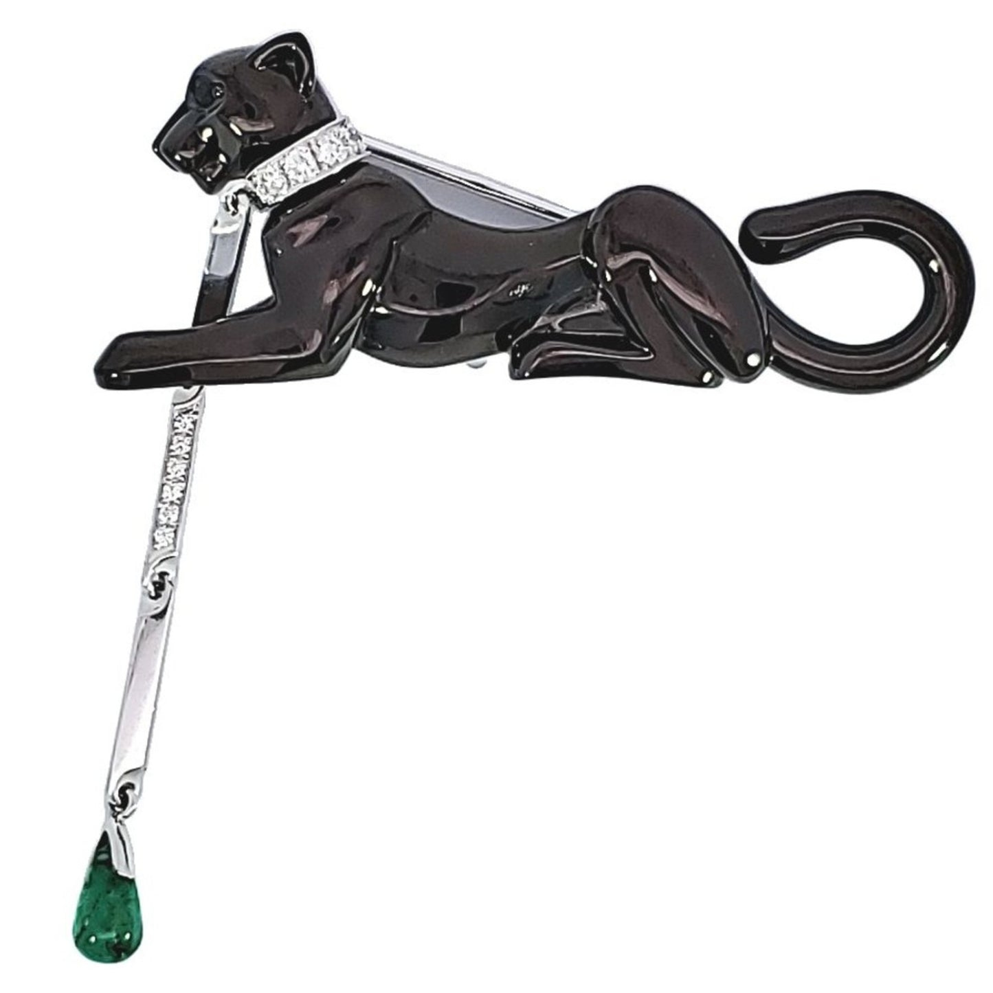 Cartier Paris 18KT White Gold Onyx & Emerald Panther Brooch close-up front
