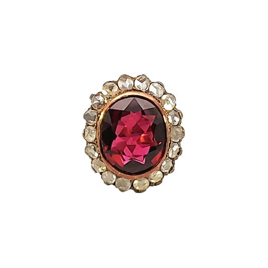 1970s 18KT Yellow Gold Rubellite & Diamond Ring front