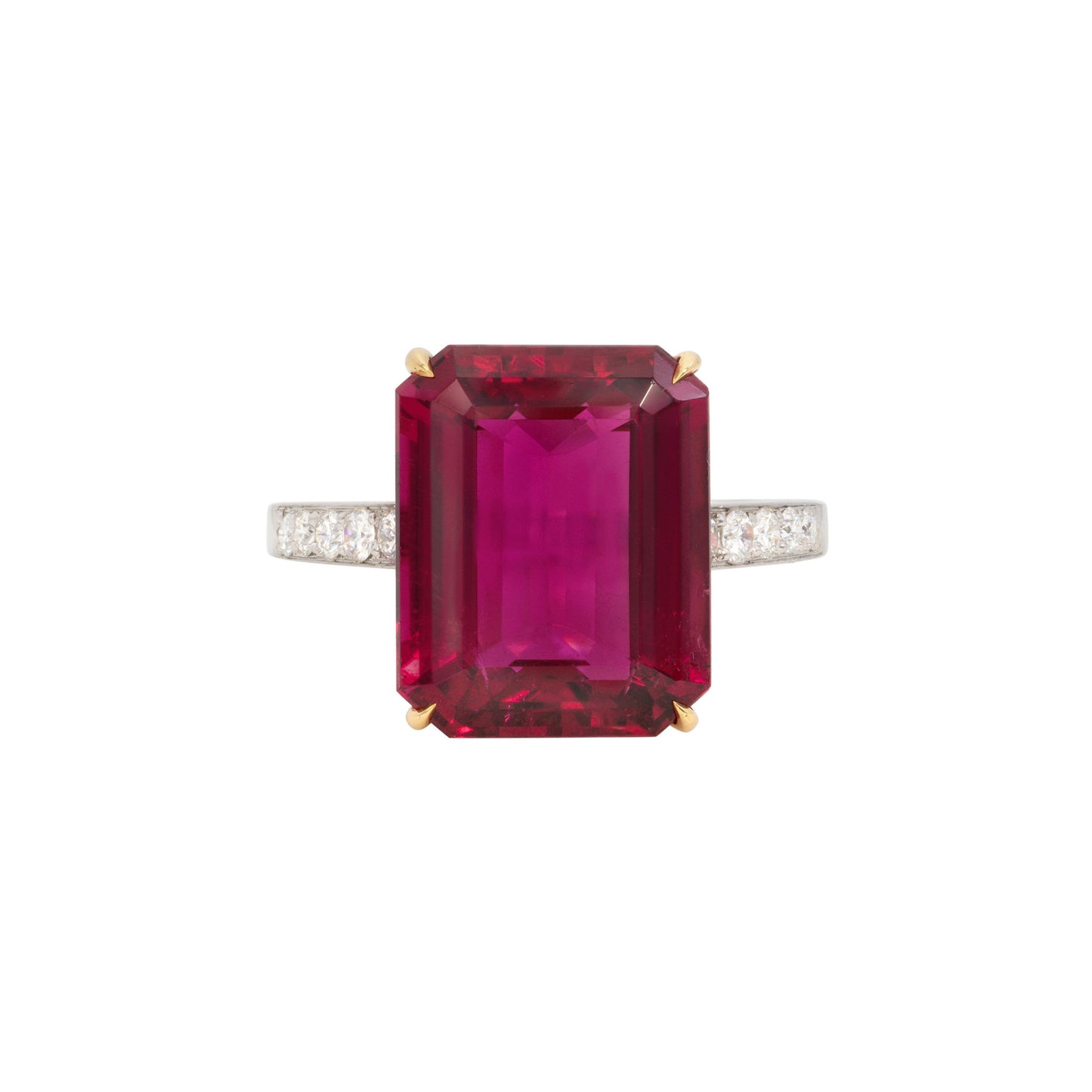 Contemporary Platinum & 18KT Yellow Gold Rubellite & Diamond Ring front