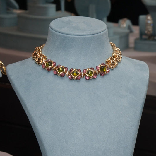 Van Cleef & Arpels NY 1980s 18KT Yellow Gold Peridot, Diamond & Tourmaline Necklace front