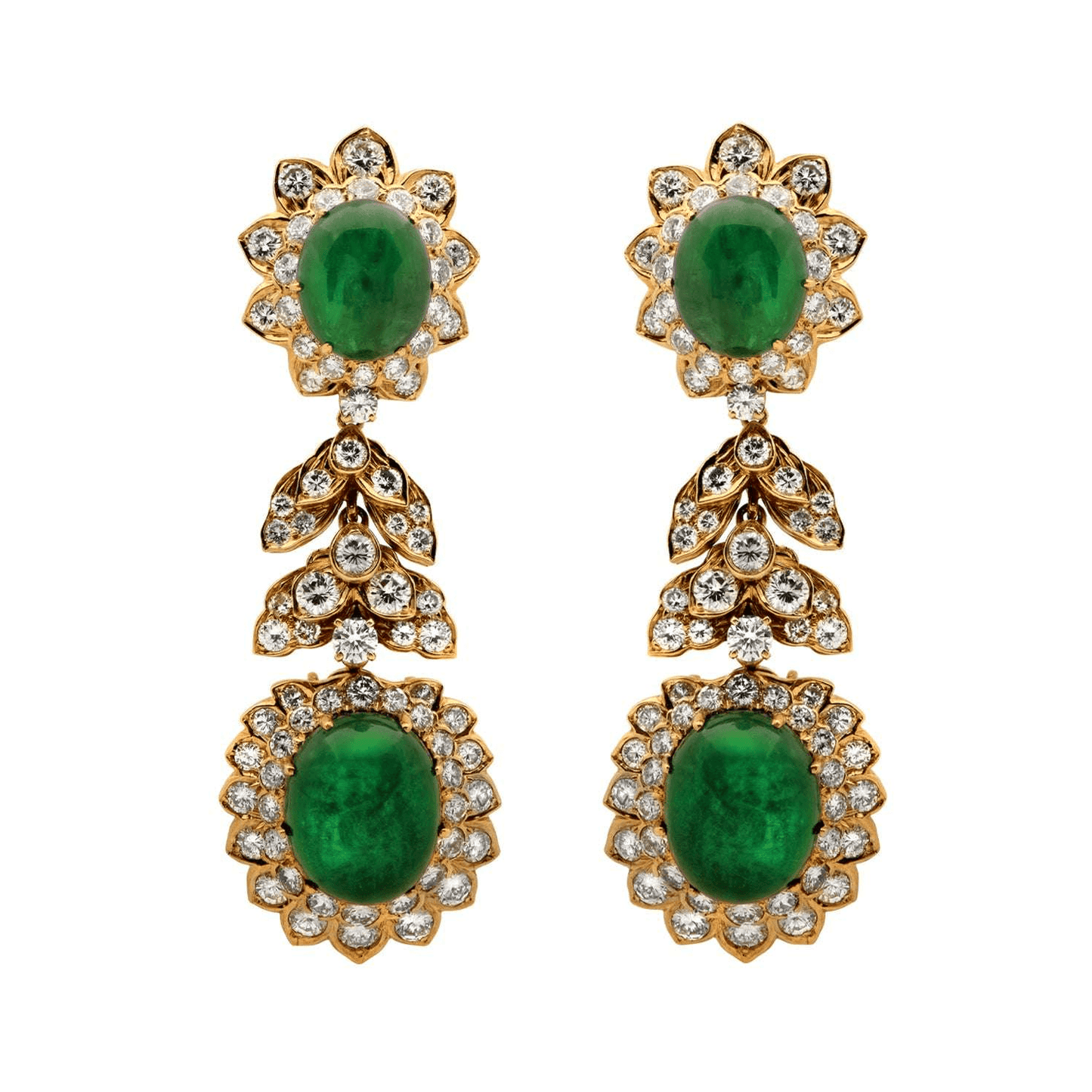David Webb NY 1980s 18KT Yellow Gold Emerald & Diamond Earrings front