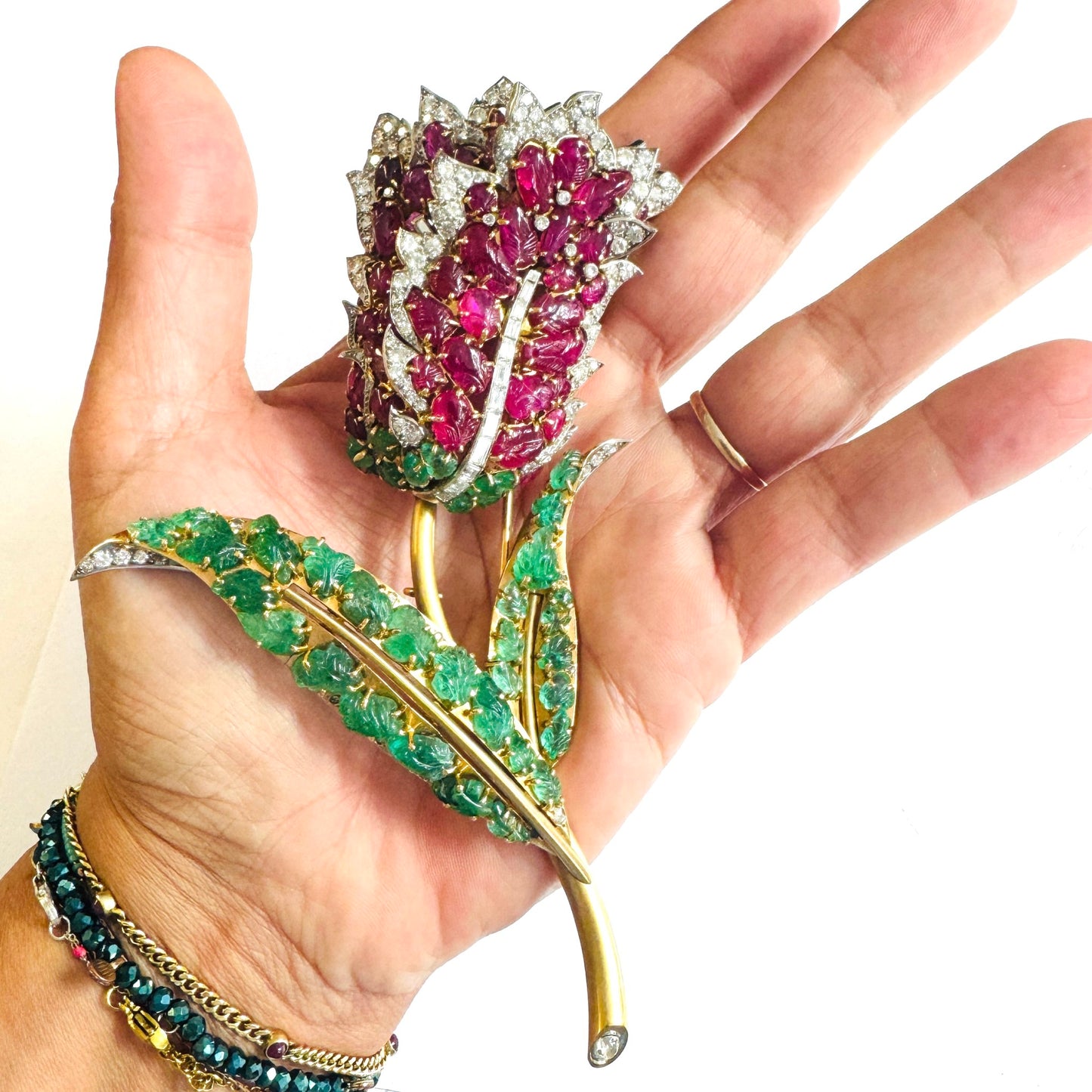 Marchak 1930s 18KT Yellow Gold Diamond, Emerald & Ruby Tulip Brooch front