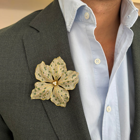 Art Nouveau 18KT Yellow Gold Enamel & Diamond Flower Brooch on lapel