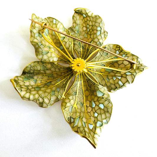 Art Nouveau 18KT Yellow Gold Enamel & Diamond Flower Brooch back