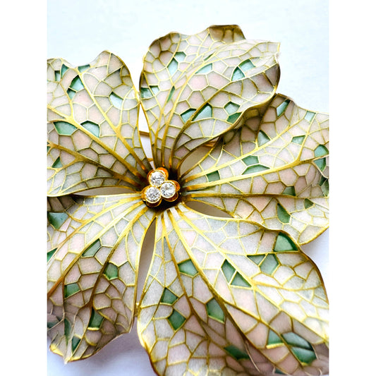 Art Nouveau 18KT Yellow Gold Enamel & Diamond Flower Brooch front