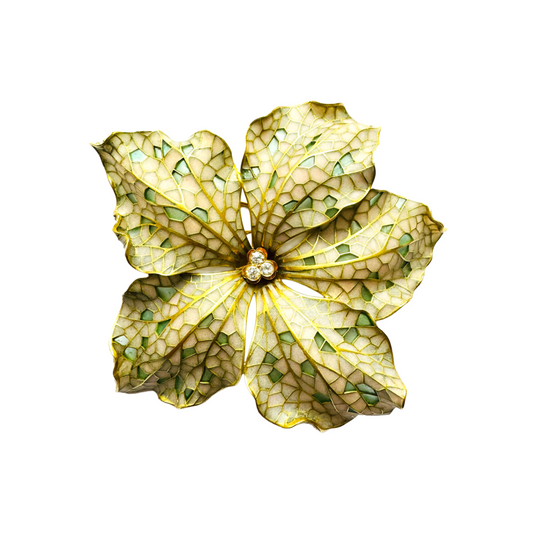 Art Nouveau 18KT Yellow Gold Enamel & Diamond Flower Brooch front