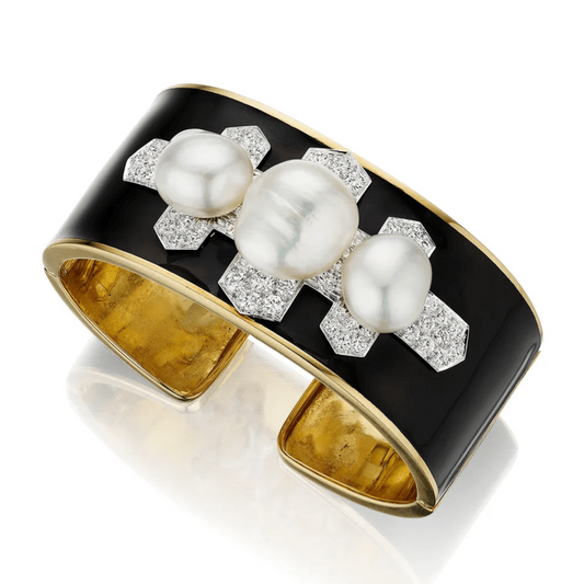 David Webb 1970s Platinum & 18KT Yellow Gold Diamond, Enamel & Cultured Pearl Bracelet front