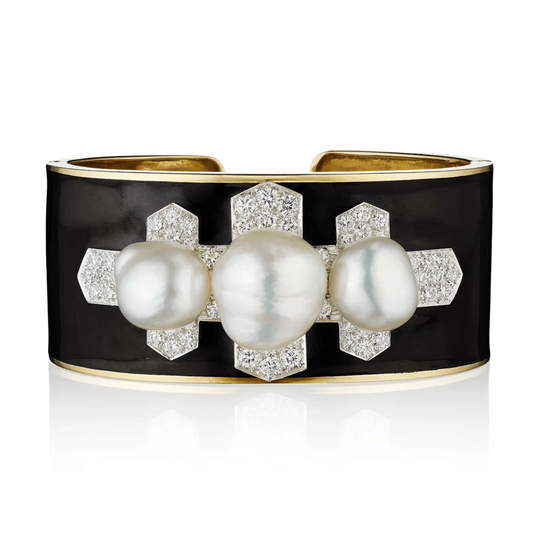 David Webb 1970s Platinum & 18KT Yellow Gold Diamond, Enamel & Cultured Pearl Bracelet front