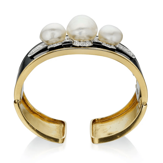 David Webb 1970s Platinum & 18KT Yellow Gold Diamond, Enamel & Cultured Pearl Bracelet profile