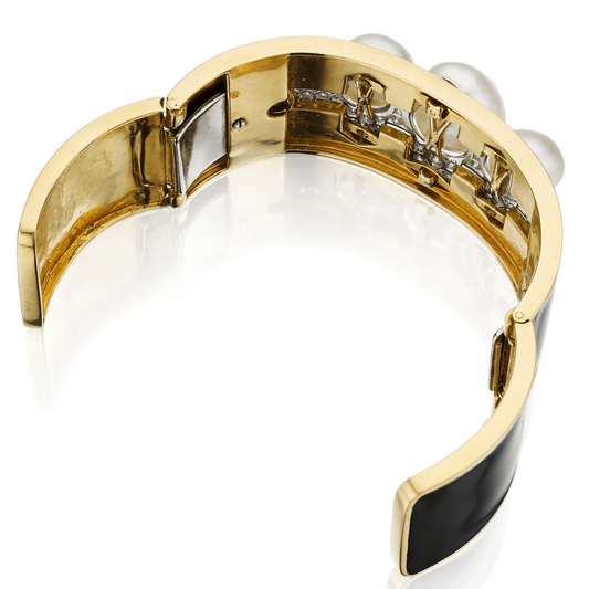 David Webb 1970s Platinum & 18KT Yellow Gold Diamond, Enamel & Cultured Pearl Bracelet back