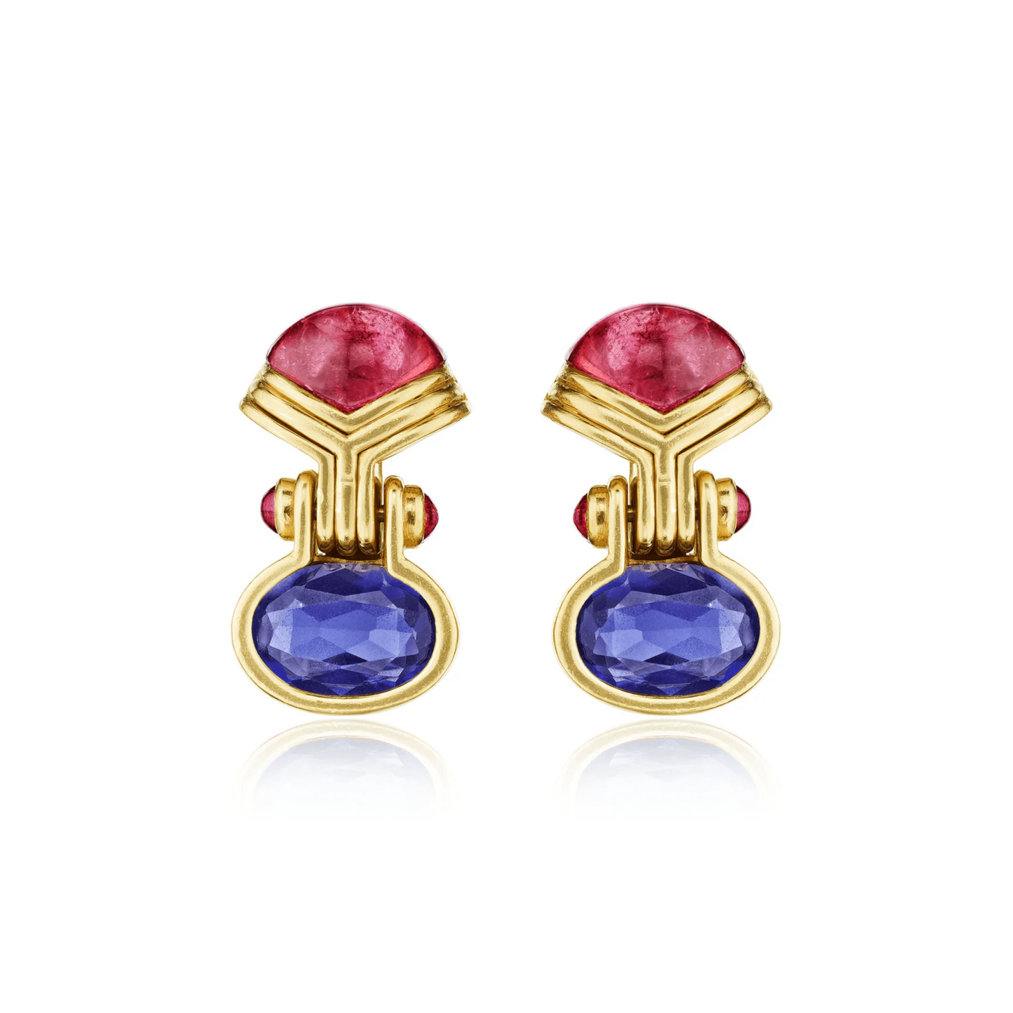 Bulgari Italy 1980s 18KT Yellow Gold Tourmaline, Iolite & Ruby Earrings front