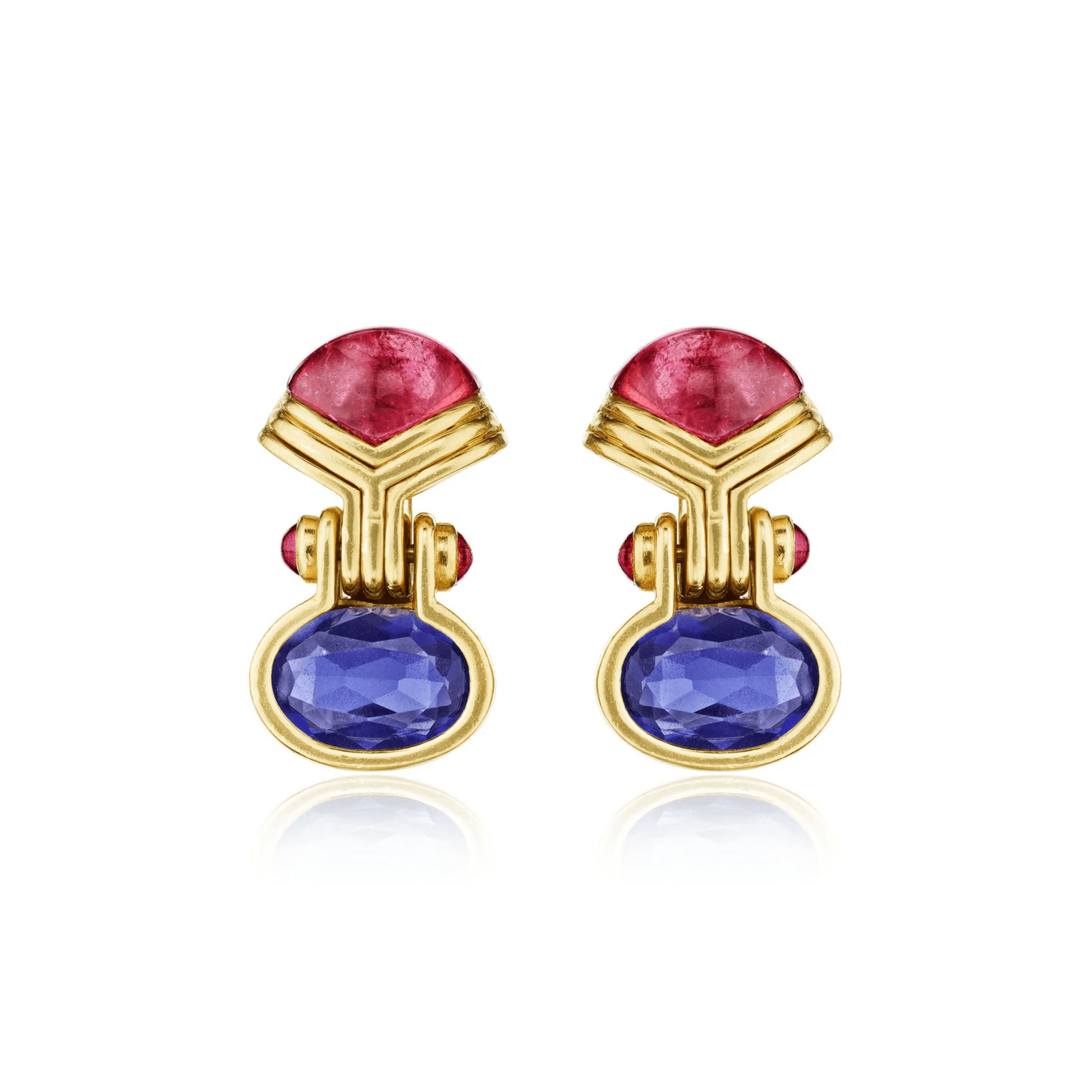 Bulgari Italy 1980s 18KT Yellow Gold Tourmaline, Iolite & Ruby Earrings front