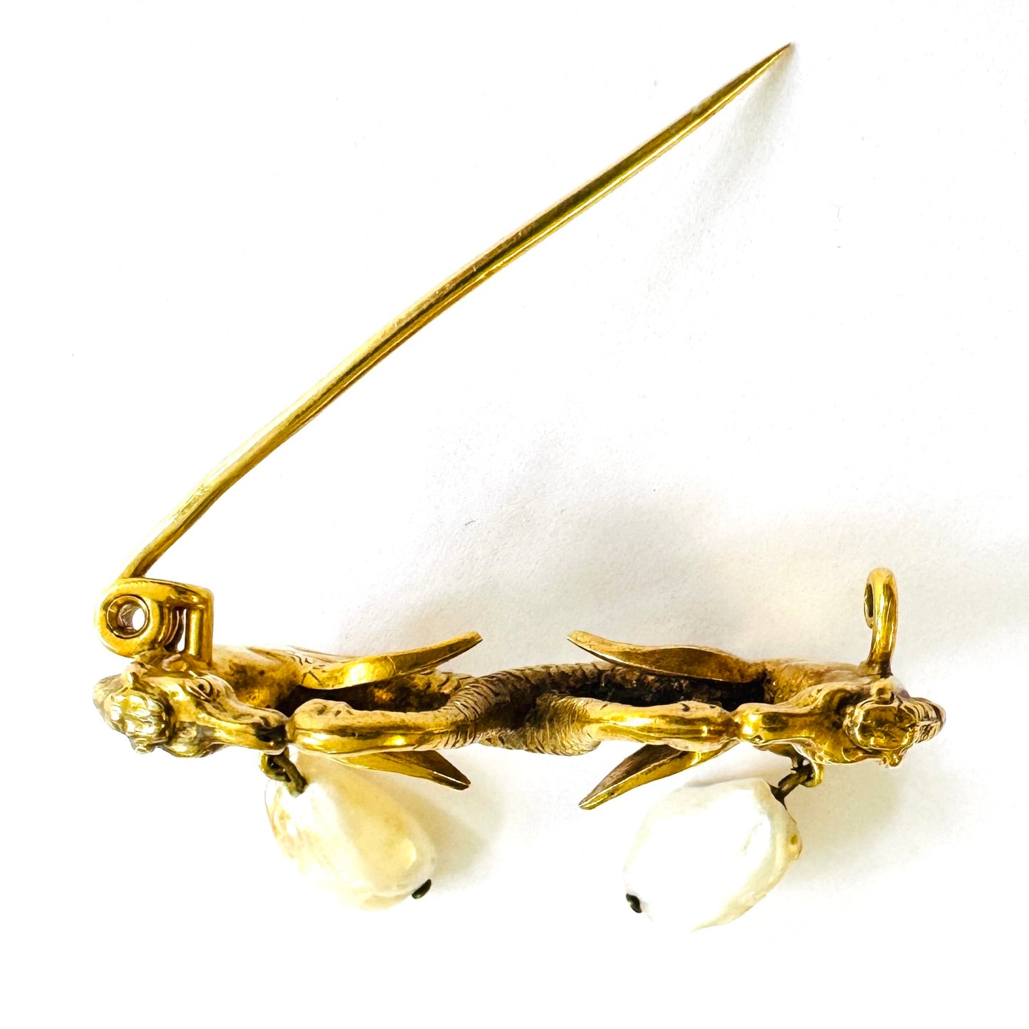 Art Nouveau 14KT Yellow Gold Natural Pearl Hippocampi Brooch top