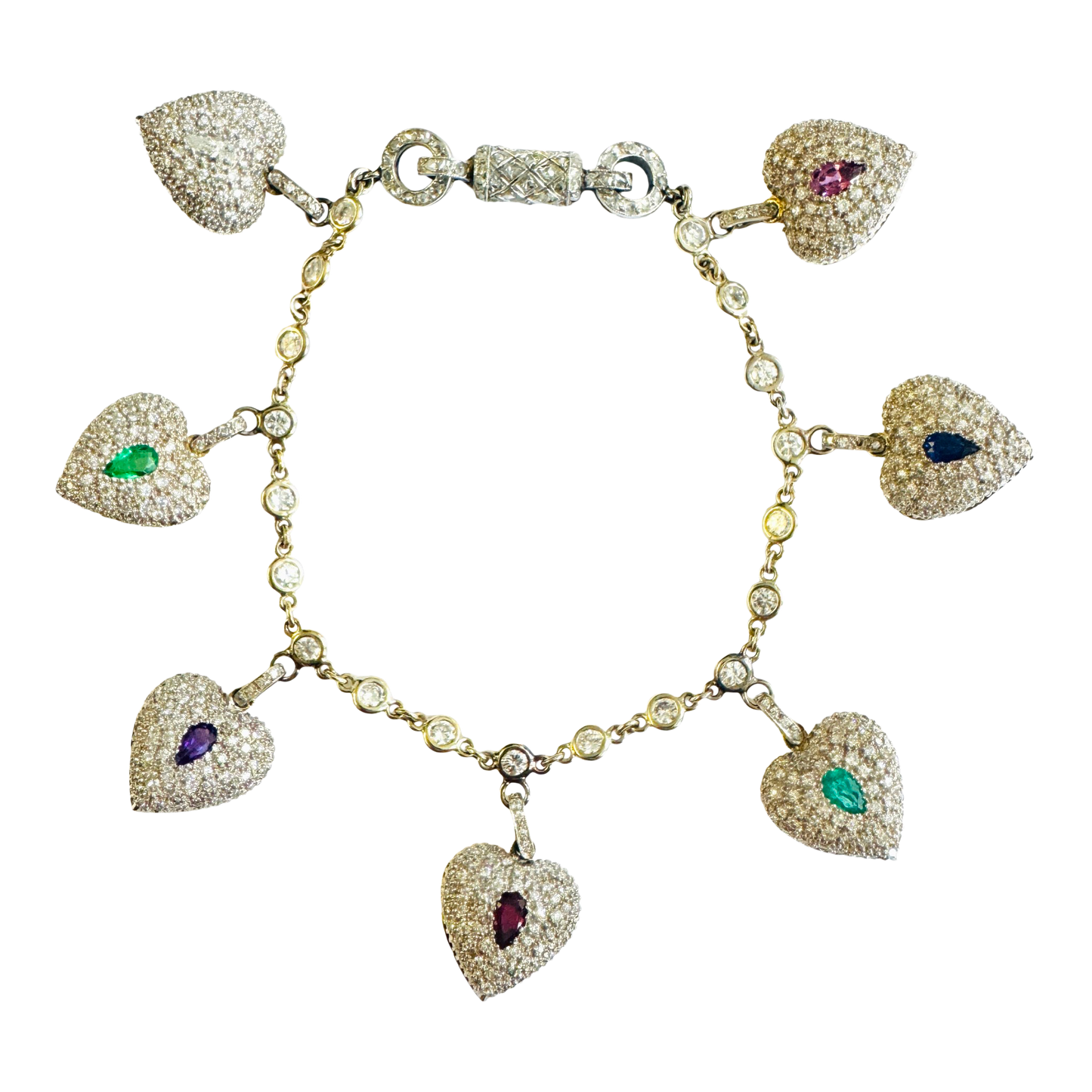 1970s Platinum & 18KT Yellow Gold Multigem Acrostic Heart Locket Bracelet front
