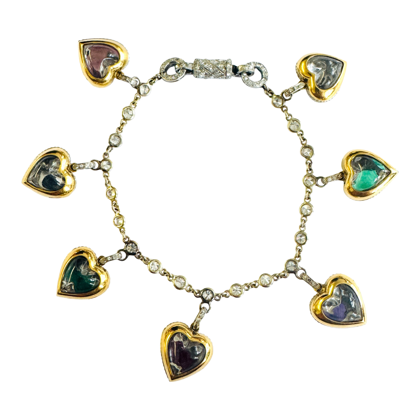 1970s Platinum & 18KT Yellow Gold Multigem Acrostic Heart Locket Bracelet back