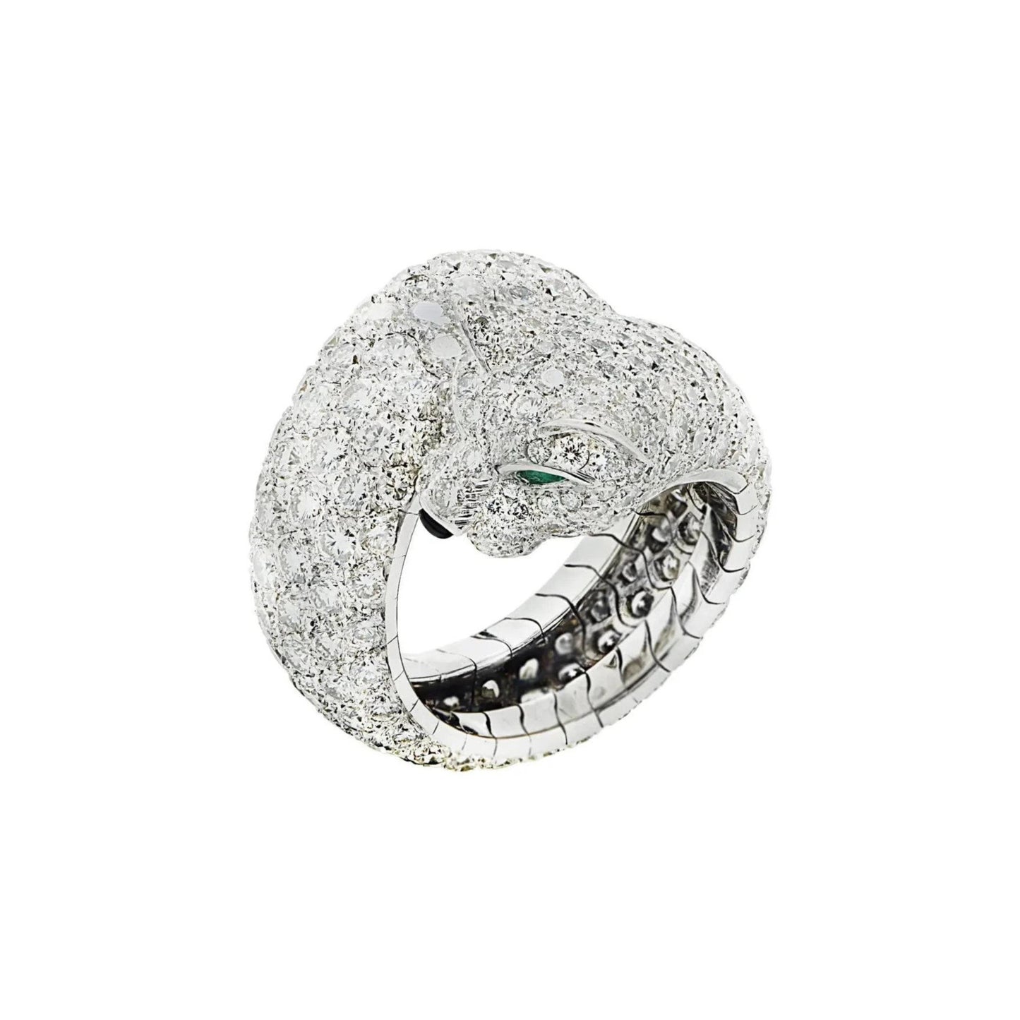 Cartier 1980s 18KT White Gold Diamond & Emerald Panther Ring front