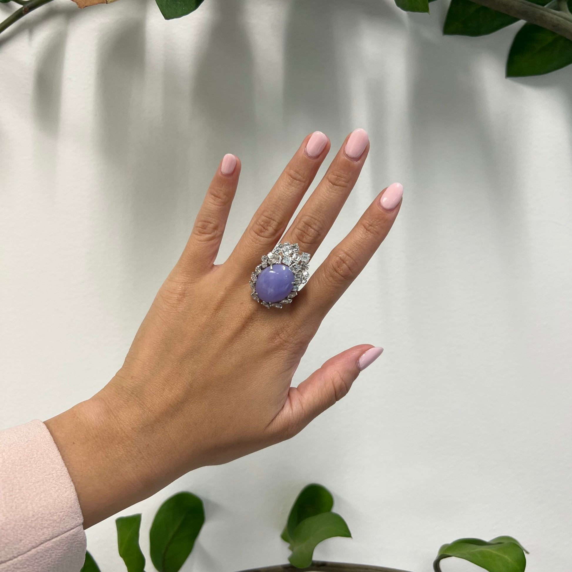 1960s Platinum Lavender Jade & Diamond Ring on finger