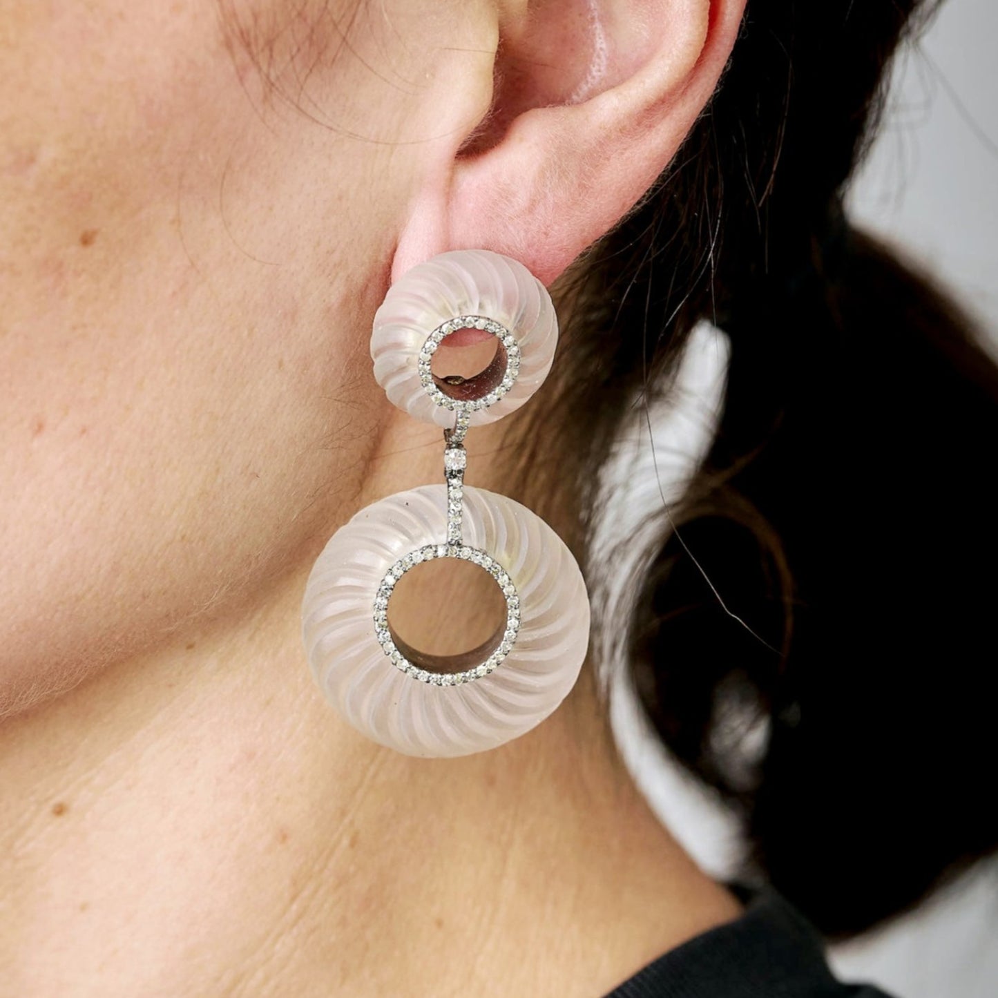 1970s 14KT White Gold Rock Crystal & Diamond Earrings on ear