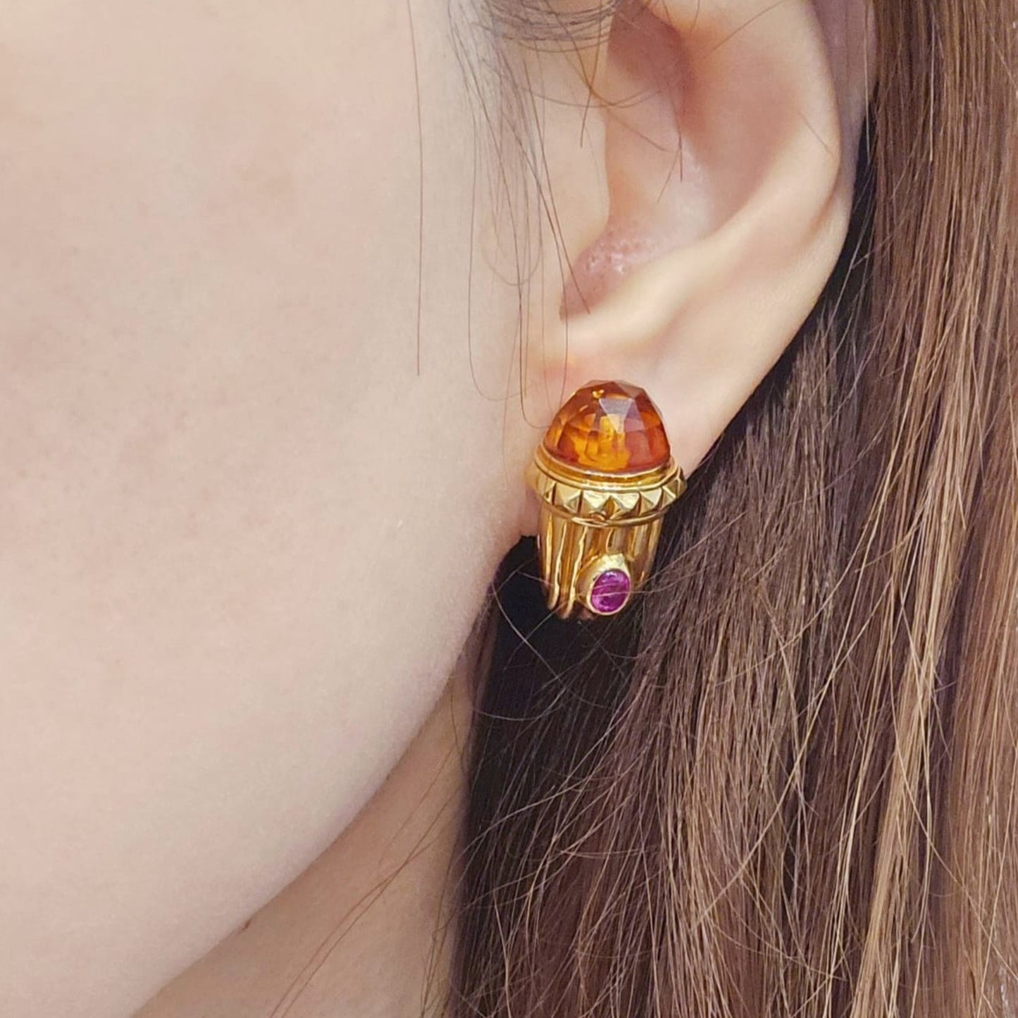 Bulgari 1980s 18KT Yellow Gold Citrine & Ruby Earrings on ear