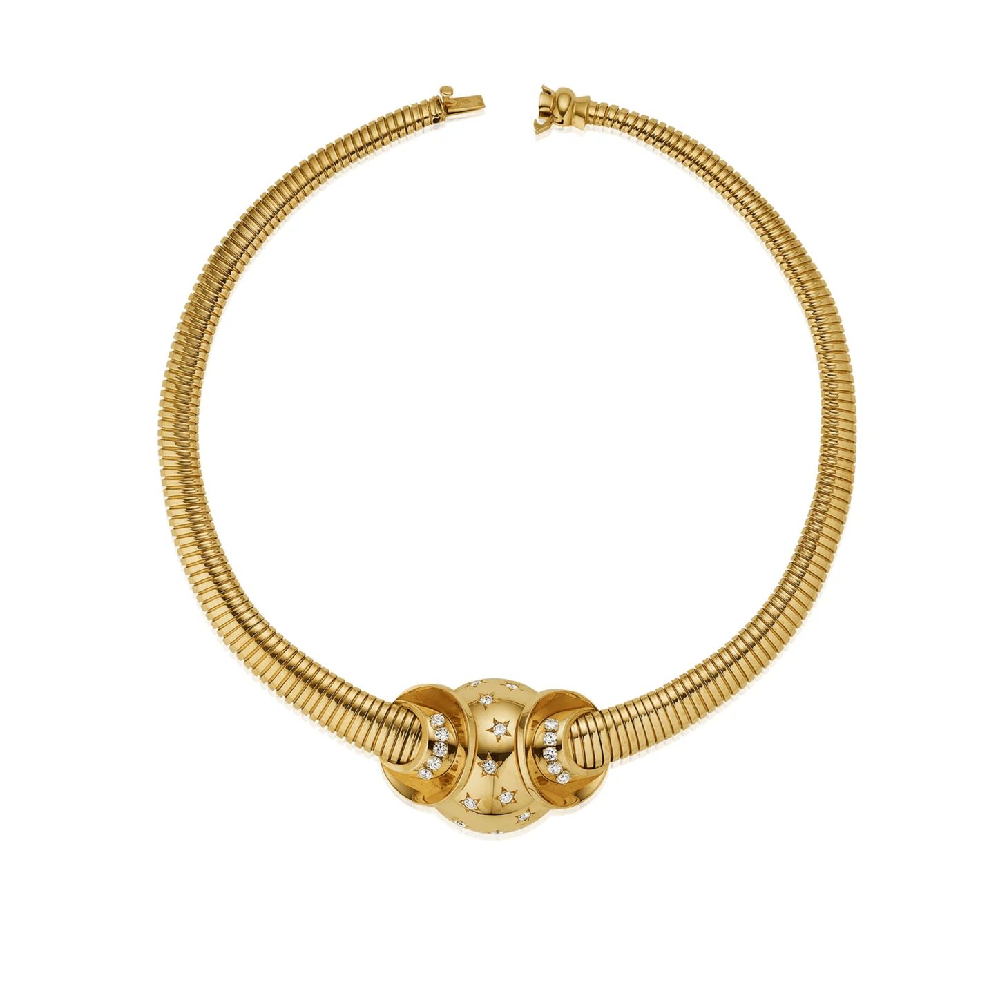 French Retro Platinum & 18KT Yellow Gold Diamond Tubogas Necklace front