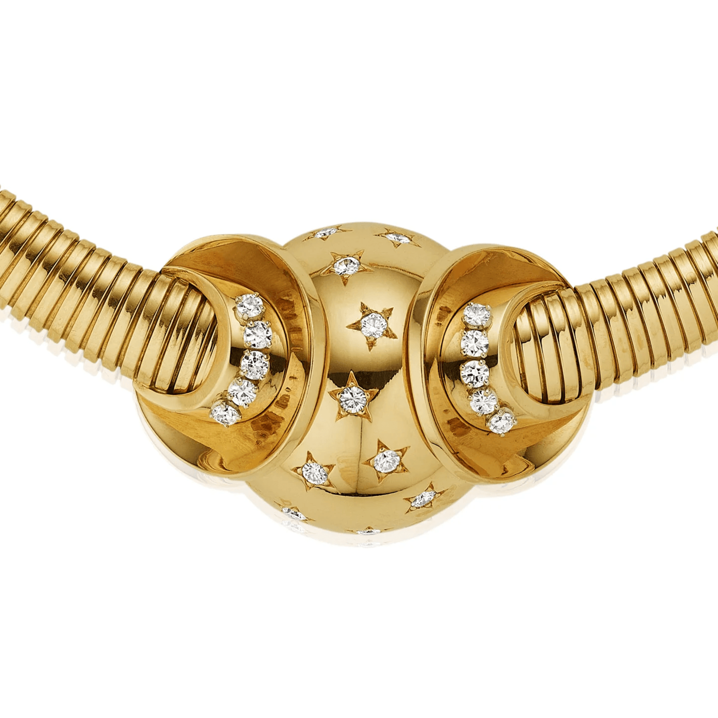 French Retro Platinum & 18KT Yellow Gold Diamond Tubogas Necklace front