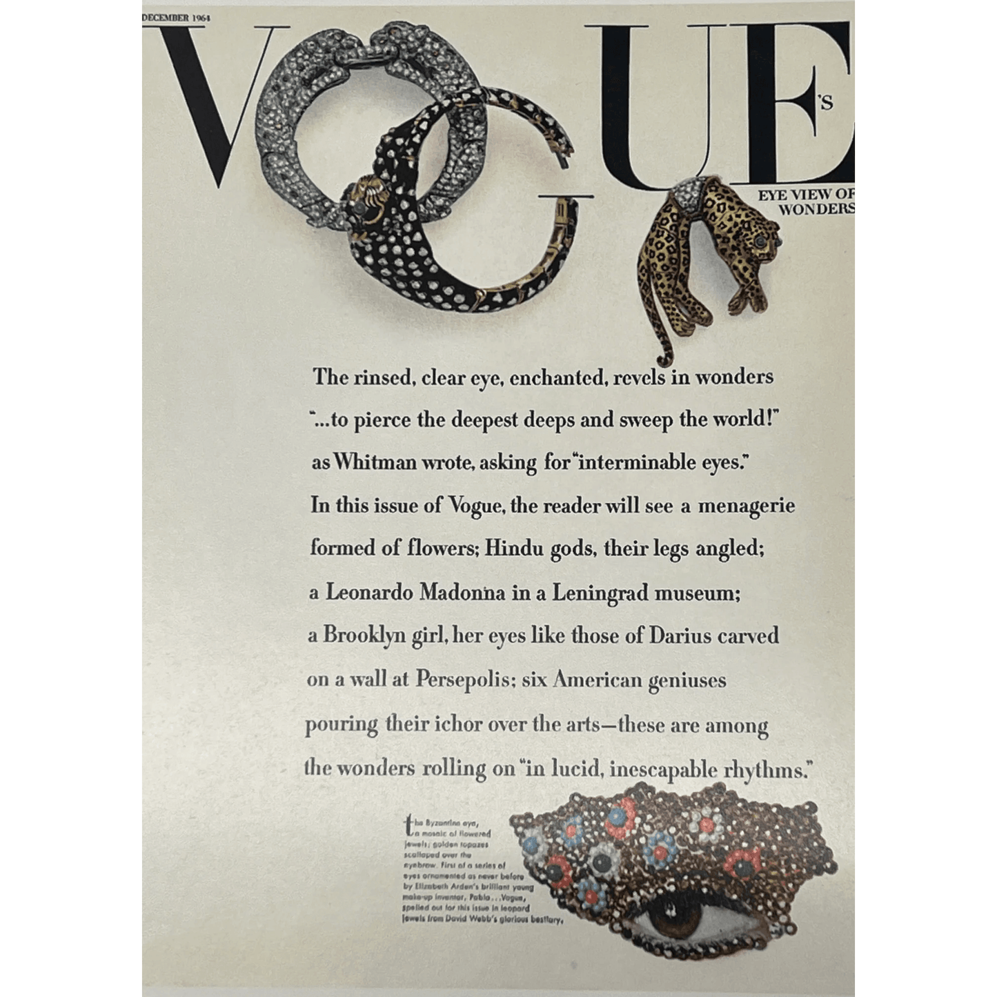 David Webb 1960s Platinum & 18KT Yellow Gold Diamond, Emerald & Enamel Leopard Brooch Vogue page