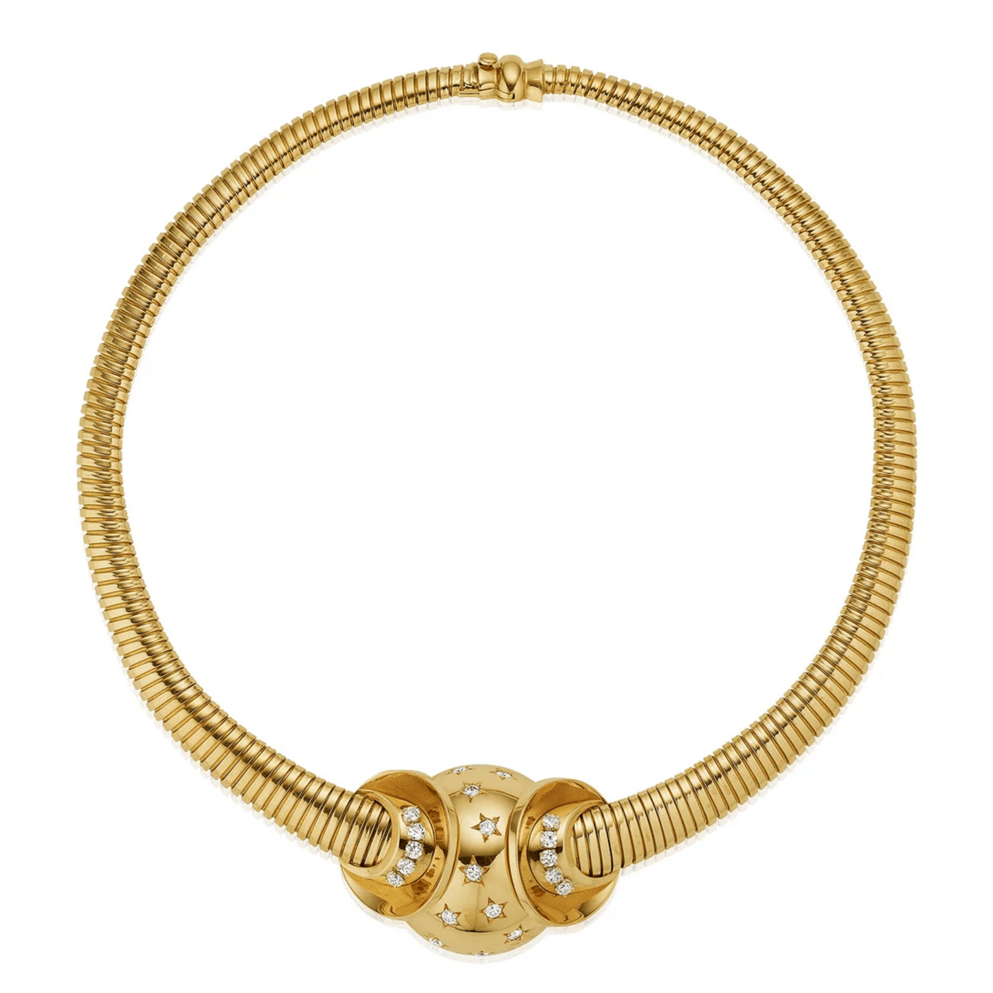 French Retro Platinum & 18KT Yellow Gold Diamond Tubogas Necklace front