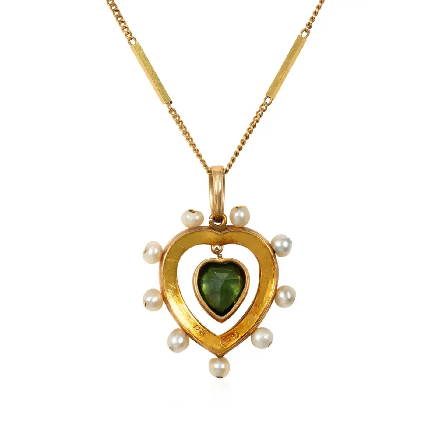 Victorian 15KT Yellow Gold Tourmaline, Enamel & Natural Pearl Heart Necklace back
