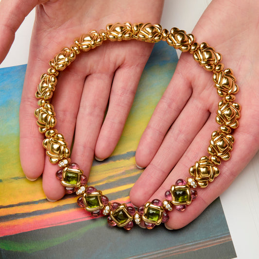 Van Cleef & Arpels NY 1980s 18KT Yellow Gold Peridot, Diamond & Tourmaline Necklace front