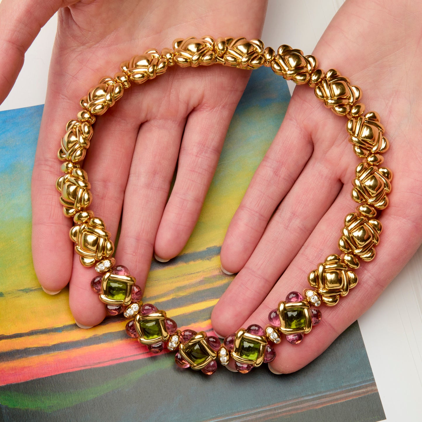 Van Cleef & Arpels NY 1980s 18KT Yellow Gold Peridot, Diamond & Tourmaline Necklace front