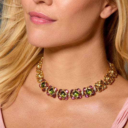 Van Cleef & Arpels NY 1980s 18KT Yellow Gold Peridot, Diamond & Tourmaline Necklace on neck