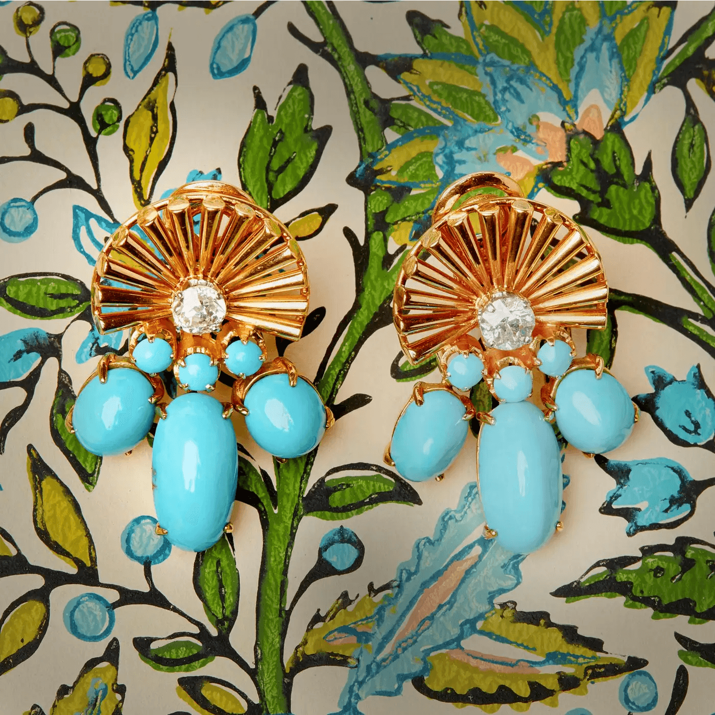 French 1940s 18KT Yellow Gold Turquoise & Diamond Earrings front